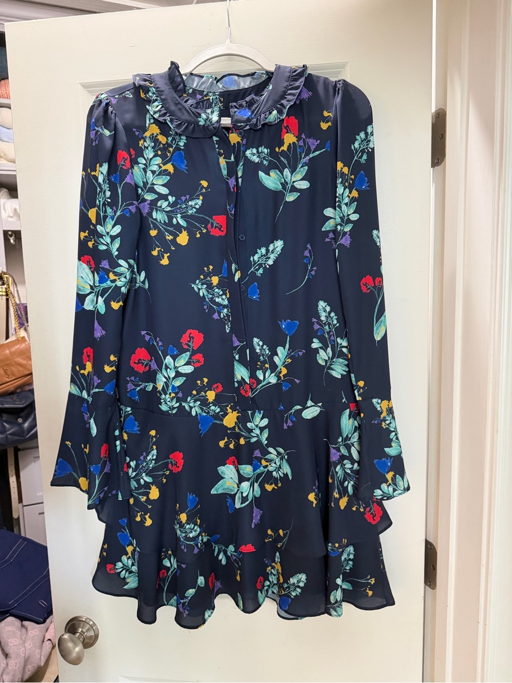 Parker Navy Floral Ruffle-Hem Long-Sleeve Dress with Red, Blue & Yellow Accents